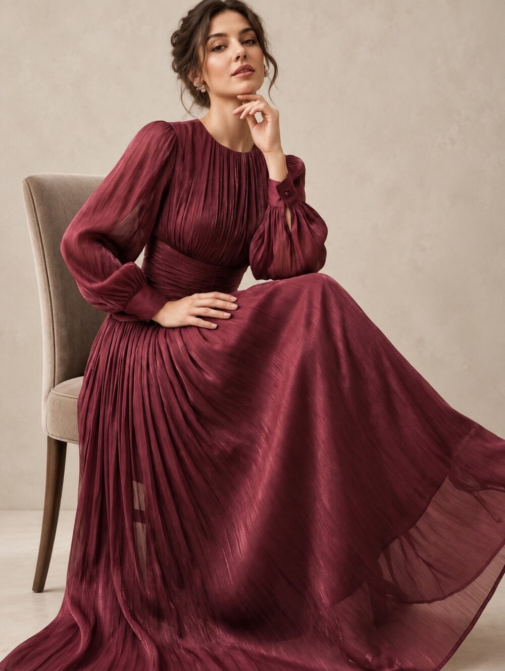 New Luxe Metallic Ruched Waist Maxi Dress Blouson Long Sleeve Burgundy Red